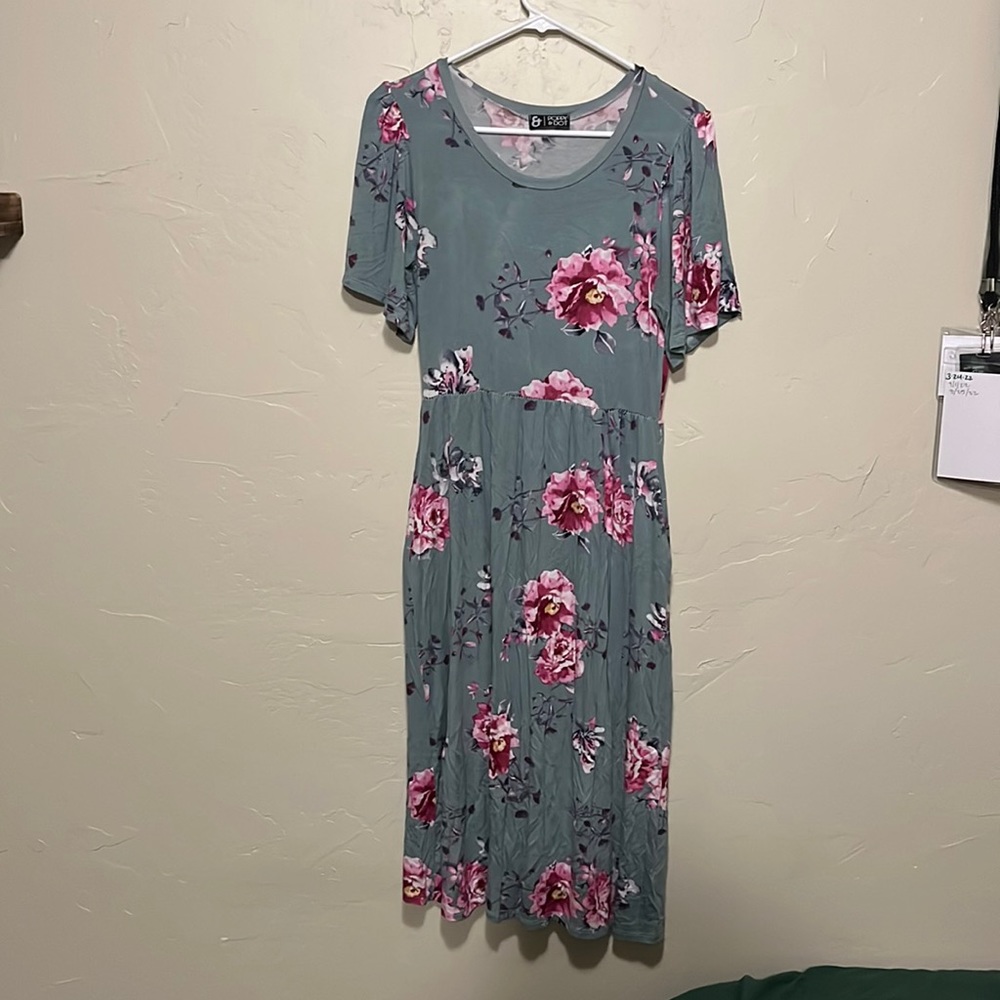 Sage Green Poppy and Dot Floral MIDI Dress